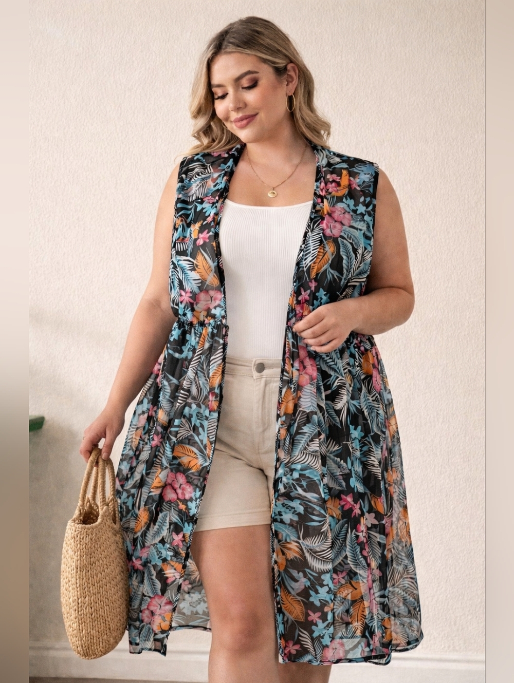 A Love Story Tropical Floral Strechy Sheer Cover Up/Kimono  Size 1X  NWT